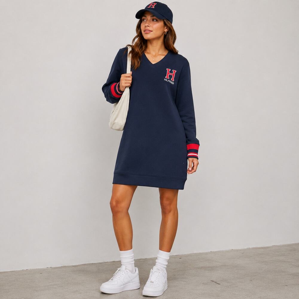 Tommy Hilfiger Womens XL Fleece Sweatshirt Dress Navy Varsity Y2K Streetwear NWT